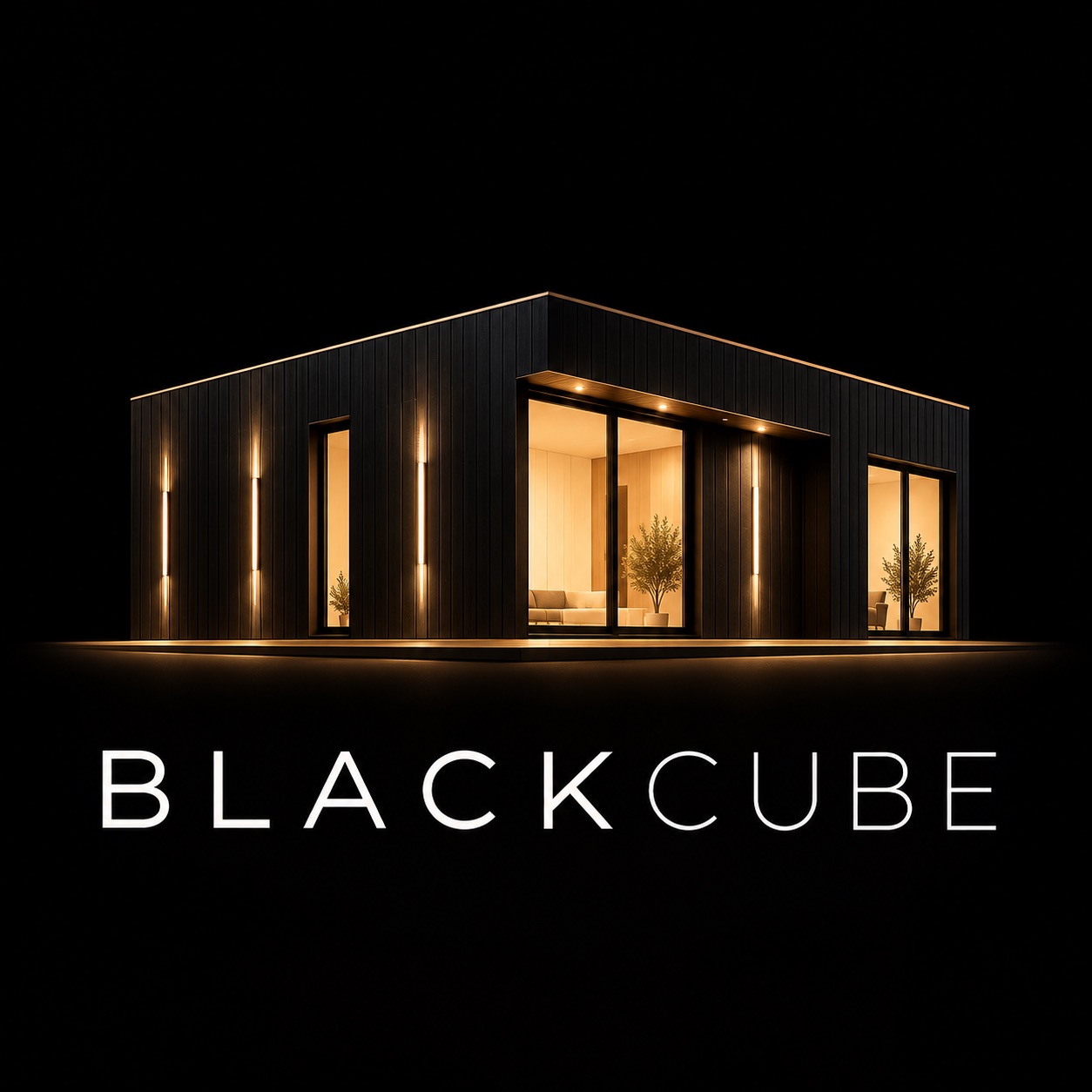 Black Cube — māja naktī ar iedegtiem logiem